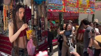 Belinda es captada en tianguis de la CDMX comprando ropa